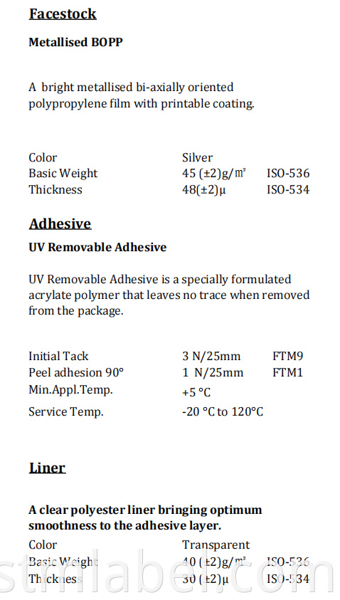 Metallised Bopp Tc Uv Removable Adhesive Pet Liner